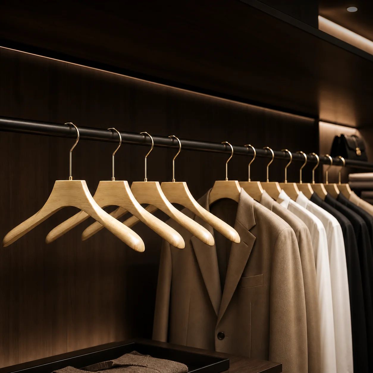 Concept illustration of wood-look hollow ABS hangers in a clothing display, supplied in the product presentation